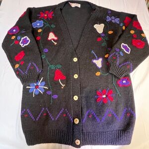 Putumayo S Wool Cardigan Women Black Embroidered Mushroom Floral Vintage Uruguay